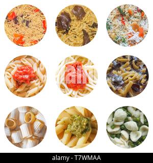 Collage di molti diversi tipi di pasta, incluse quelle asiatiche noodes curry, insalata di riso, Italiano penne e spaghetti al pomodoro, rigatoni con panna, penne Foto Stock