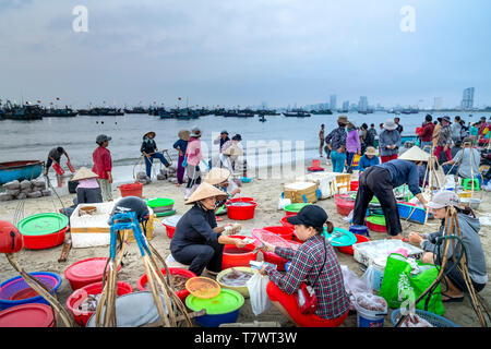 Il mio Khe beach, Da Nang City, Vietnam - Aprile 27, 2019: un mercato di pesca all'alba quando le persone alacremente ordinamento, acquisto e vendita di pesce fresco in vista vivace Foto Stock