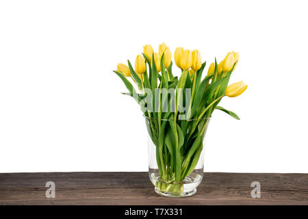 Freschi bouquet di tulipani gialli in vaso su un tavolo di legno contro uno sfondo bianco. Foto Stock