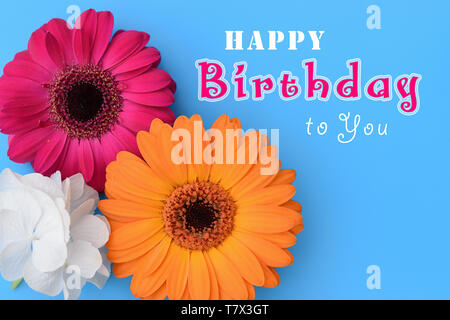 Buon compleanno testo con carta arancione e fucsia gerbera daisy fiori su sfondo blu. Foto Stock