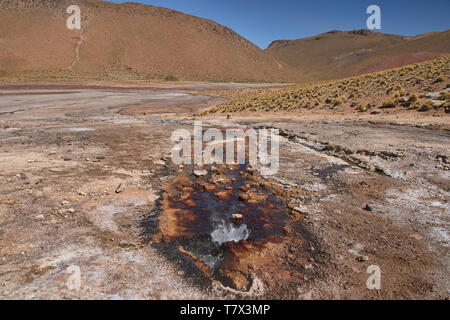 Fumarola bollente sul Rio Blanco river vicino a El Tatio Geyser, San Pedro de Atacama, Cile Foto Stock