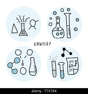 Round set di oggetti cemistry in doodle stile. Scienza Ricerca simboli isolati su sfondo bianco. Illustrazione Vettoriale. Illustrazione Vettoriale