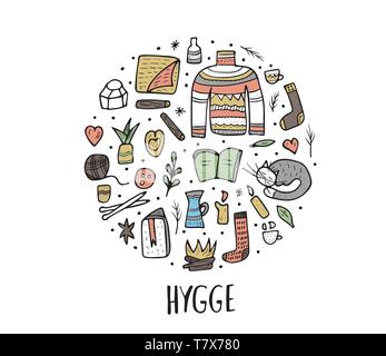 Vettore di composizione del cerchio di Hygge canta. Vettore di simboli isolati di comfort. Badge rotondo di vestiti caldi e accoglienti home cose. Illustrazione Vettoriale