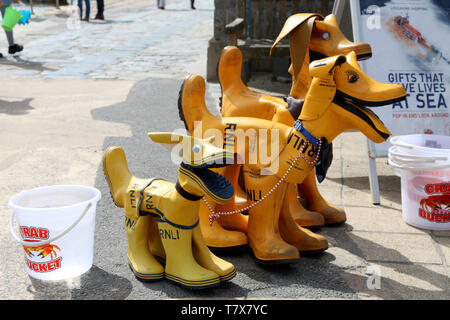 Lyme Regis, Dorset - RNLI Stazione scialuppa di salvataggio cani realizzato in gomma Stivali in gomma Foto Stock