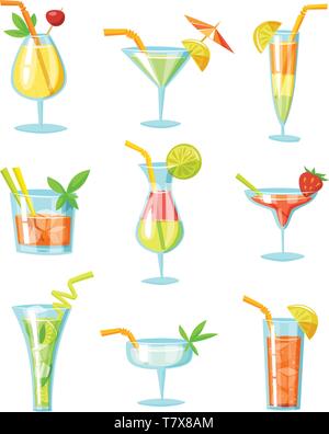 Set di vettore di estate cocktail e bevande icone. Illustrazione Vettoriale
