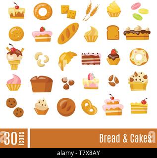 Grande set di vettore di pane e dolci icone. Illustrazione Vettoriale