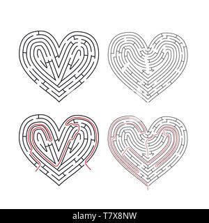 Due complessi labirinti in forma di cuore, labirinti con percorso rosso solutions isolato su bianco Illustrazione Vettoriale