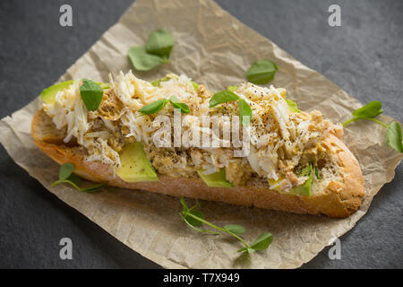 Un sandwich aperto realizzato dal marrone e le carni bianche di un ragno granchio di mare catturati in un calo netto che era stato abbassato off di un molo nel Dorset. La carne di colore marrone h Foto Stock