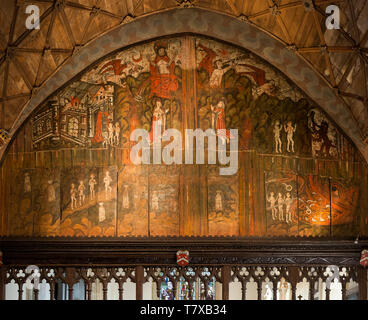 Doom dipinto su pannelli in legno a Saint James la grande chiesa, Dauntsey, Wiltshire, Inghilterra, Regno Unito Foto Stock