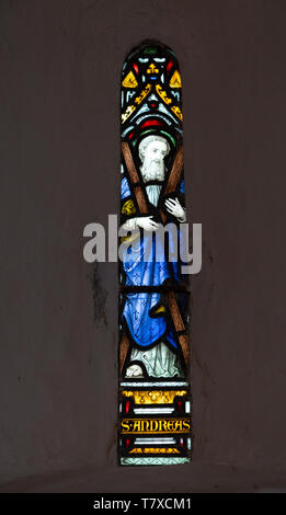 Vetrata di Saint Andrew, chiesa di Sant'Andrea, Ilketshall St Andrew, Suffolk, Inghilterra, Regno Unito Foto Stock