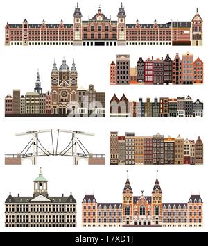 Il vettore isolato di edifici e monumenti della città di Amsterdam Illustrazione Vettoriale