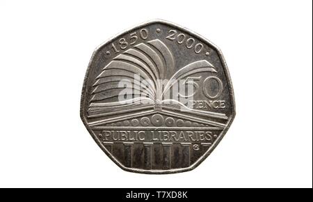 50 pence pezzo,cinquanta pence pezzo,centocinquantesimo anniversario, Biblioteche Pubbliche Act 1850, Foto Stock