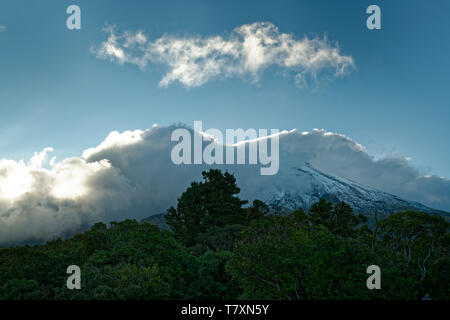 Mount Taranaki, vulcano nell isola del nord della Nuova Zelanda, per la maggior parte il picco è coperto dalle nuvole. Foto Stock