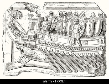 La riproduzione di antichi bassorilievo romano trovato a Palestrina (Praeneste) Roma raffigurante una legione romana a bordo di una trireme, guerra nave. Publ. su Magasin pittoresco Parigi 1848 Foto Stock