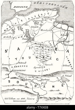 Mappa vecchia orientati in verticale del Sahara centrale (con J.M..Richardson itinerario). In stile vintage illustrazione in scala di grigi da MacCarthy publ. su Magasin pittoresco Parigi 1848 Foto Stock