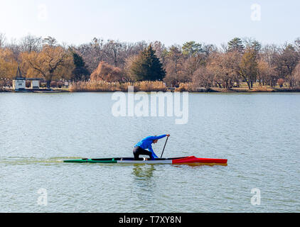 Nyiregyhaza, Ungheria- Febbraio 15, 2019: uomo canottaggio in canoa con pala , in piedi su un ginocchio. Treni atleta sul lago Foto Stock