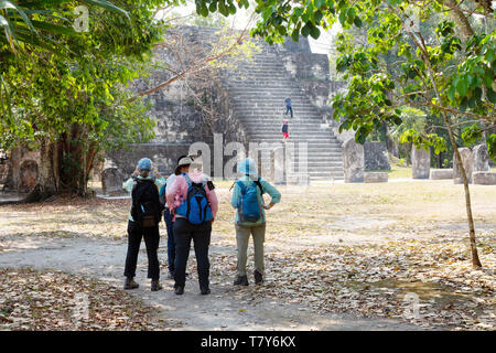 Tikal Guatemala, turisti nel complesso Q, salendo una piramide; le rovine maya di Tikal, sito patrimonio mondiale dell'UNESCO, Guatemala America Centrale Foto Stock