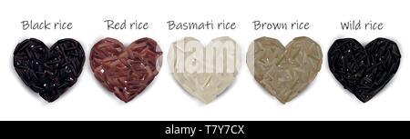 Set di riso, nero, rosso, basmati, marrone, Wild. Illustrazione di vettore isolato su sfondo bianco. Illustrazione Vettoriale
