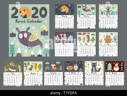 Calendario della foresta per l'anno 2020. Pianificatore stampabile di dodici mesi con simpatici animali. Settimana comincia la domenica, 8,5x11 pollici. Illustrazione Vettoriale Illustrazione Vettoriale