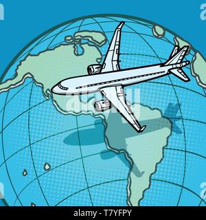 Aereo vola su mondo America. Fumetto cartoon pop art vector retro vintage disegno Illustrazione Vettoriale