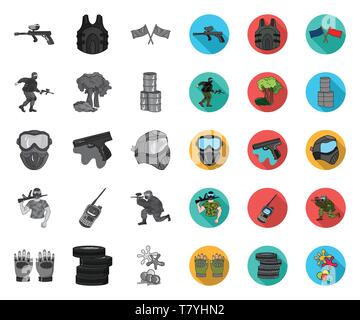 Il paintball, gioco di squadra mono,icone piatta in set di raccolta per il design. Attrezzature e abbigliamento simbolo vettore illustrazione stock. Illustrazione Vettoriale