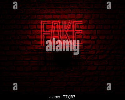 Fake News insegna al neon di colore rosso su false notizie off su un rosso mattone muro al buio - Illustrazione Computer resi - Illustrazione Foto Stock