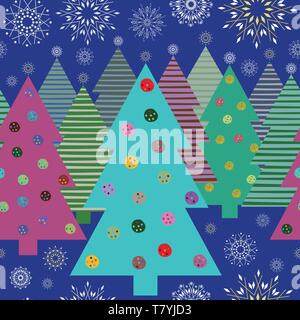 La vibrante multicolore di alberi di Natale e i fiocchi di neve di notte perfetta configurazione vettore. Ottimo per il pacchetto regalo, scrapbooking, trapuntatura e progetti commerciali Illustrazione Vettoriale