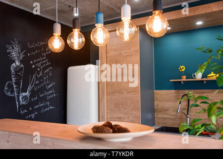 Arredamento moderno e di cucina di lusso. Minimalista interni scandinavo in appartamento loft con mobili in legno, lampade, elementi concreti e piante Foto Stock