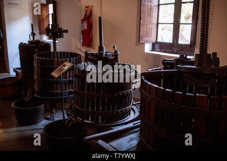 Vino antico preme nella Bodega La cantina rurale e museo, Coquimbito, Maipú, Mendoza, Argentina Foto Stock