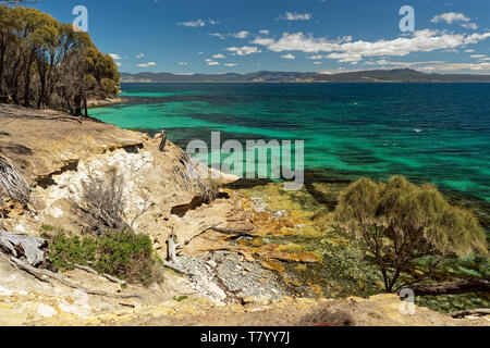 Uno splendido scenario chiamato scogliere dipinte su Maria isola nei pressi di Tasmania, Prenotazione nazionale, Australia. Foto Stock