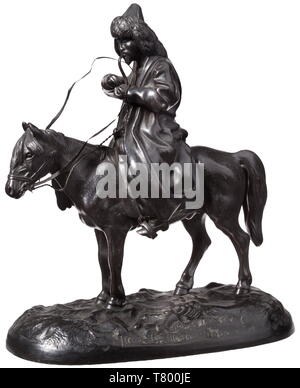 Una scultura di ferro - una di Kirghizistan a cavallo Vasily Fedorovich Torokin (1845 - 1912). Una di Kirghizistan a cavallo, ripieno di un tubo. Montato su un ovale piastra di base firmato in cirillico sul lato e con la ruota orientabile il timbro 'A.L. Ober' e la doppia zarista-headed eagle sul fondo. 19 x 22 cm storica, storica del XIX secolo, Additional-Rights-Clearance-Info-Not-Available Foto Stock