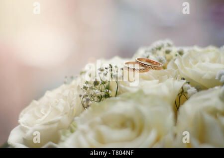 Oro anelli di nozze giacciono sul delicato bianco rose sotto la luce diretta del sole Foto Stock