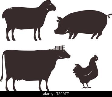 Gli animali della fattoria set. Agricoltura, silhouette illustrazione vettoriale Illustrazione Vettoriale