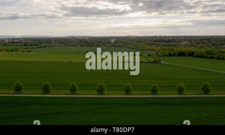 Hannover, Germania. 09 Maggio, 2019. Ci sono alberi su una strada sterrata tra i campi. (Fotografia aerea con drone) Credito: Christophe Gateau/dpa/Alamy Live News Foto Stock