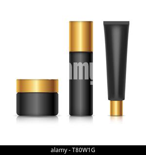 Set di modello di contenitore per cosmetici. Design nero con coperchi in oro. Vettore realistico mockup isolati su sfondo bianco. Illustrazione Vettoriale