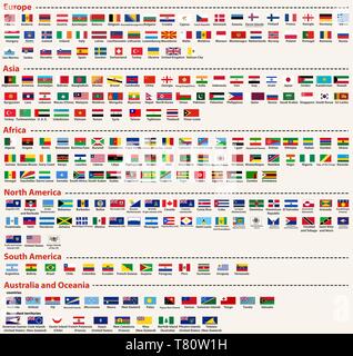 Set di vettore di tutte le bandiere del mondo disposti in ordine alfabetico e singolarizzati da continenti Illustrazione Vettoriale