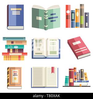 Piatti colorati icone di stile di isolato di libri in varie posizioni. Apprendimento, studiare, l'istruzione, la conoscenza, literarure, scienza e oggetti libreria Illustrazione Vettoriale