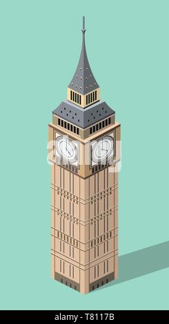 Vettore 3D isometrica icona del Big Ben con uno stile piatto di sfondo e ombra Illustrazione Vettoriale