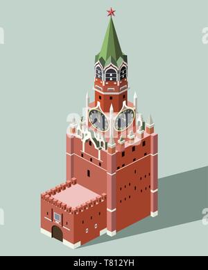 Vettore 3D isometrica icona della torre Spasskaya del Cremlino di Mosca con uno stile piatto sfondo colorato e ombra Illustrazione Vettoriale