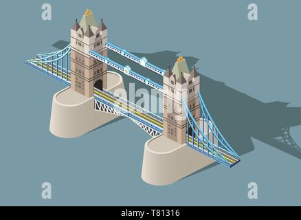 Vettore 3D isometrica icona del Tower Bridge con uno stile piatto sfondo colorato e ombra Illustrazione Vettoriale