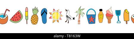 Estate icone vettore senza giunture confine. Ripetendo il design di banner con cocomero, ghiaccioli, ananas, noce di cocco, cono gelato, Palm tree, seagull Illustrazione Vettoriale