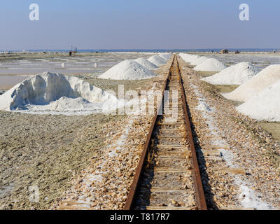 I mucchi di sale lungo la vecchia ferrovia a scartamento ridotto su Sambhar Salt Lake. Il Rajasthan. India Foto Stock