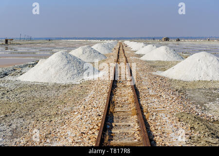 I mucchi di sale lungo la vecchia ferrovia a scartamento ridotto su Sambhar Salt Lake. Il Rajasthan. India Foto Stock