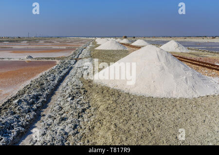 I mucchi di sale lungo la vecchia ferrovia a scartamento ridotto su Sambhar Salt Lake. Il Rajasthan. India Foto Stock