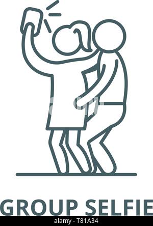 Gruppo vettore selfie icona linea, concetto lineare, segno di contorno, simbolo Illustrazione Vettoriale