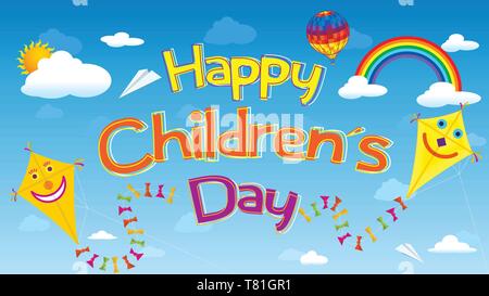 Dei bambini felici della giornata della scheda Messaggi di saluto. Lettere fluttuante nel cielo circondata da aquiloni sorridente, nuvole, arcobaleni, aerostato palloncino e aeroplani di carta Illustrazione Vettoriale