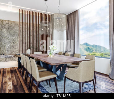 Italiano moderno design interno contemporaneo di sala da pranzo con bellissima vista sulla campagna, montagna in background, rendering 3D Foto Stock