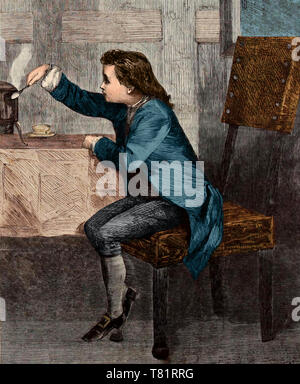 I giovani James Watt sperimentando, 1740s Foto Stock
