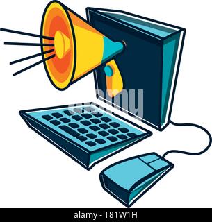 Megafono del suono con computer desktop illustrazione vettoriale design Illustrazione Vettoriale