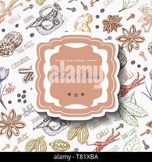 Modello senza cuciture con spezie ed iscrizione nel mezzo. Illustrazione di vettore per il tuo design Illustrazione Vettoriale